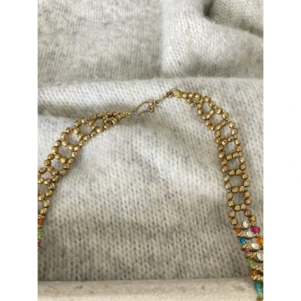 Gold Tone Rhinestone Bib Necklace‎ Multicolor Beaded Dangle Bollywood Bling